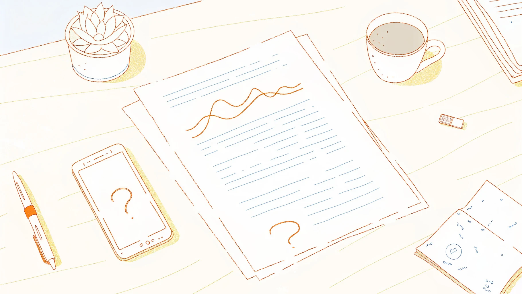 Desk with marked-up transcript, red correction pen, and audio recorder beside coffee mug
